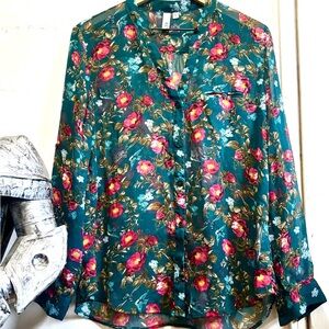 Kut from the Kloth Teal and Pink Sheer Floral Blouse